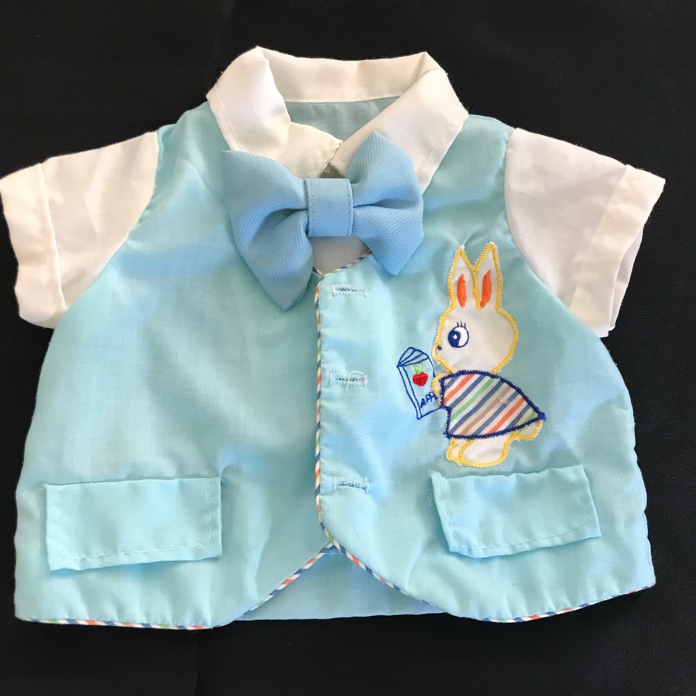 Vintage Baby Easter Bunny Outfit Vest Blue Embroidered Cottage Core Cabbage Patc